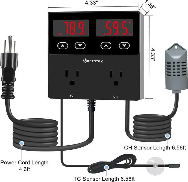 Alt view image 7 of 7 - Digital Temperature and Humidity Controller Outlet, Reptile Thermostat Plug Dual Stage Pre-Wired for Mushroom Greenhouse Homebrew Black -