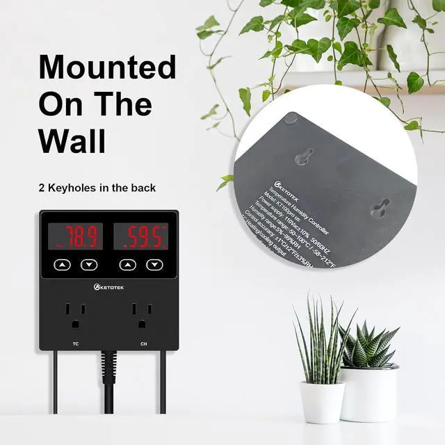 Alt view image 5 of 7 - Digital Temperature and Humidity Controller Outlet, Reptile Thermostat Plug Dual Stage Pre-Wired for Mushroom Greenhouse Homebrew Black -