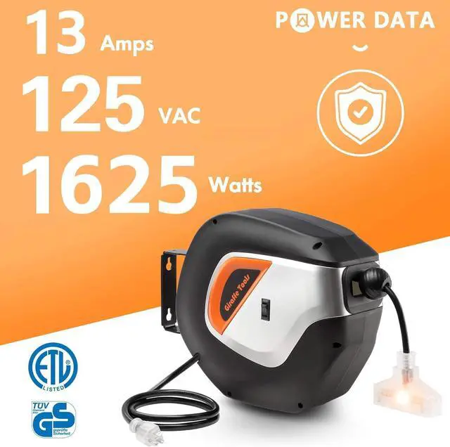 Alt view image 2 of 7 - DE14 Retractable Extension Cord Reel 50 ft 14/3AWG Power Storage Wall/Ceiling Mount, Lighted Triple Tap Outlet, 50ft, Black Orange and 14AWG 50FT