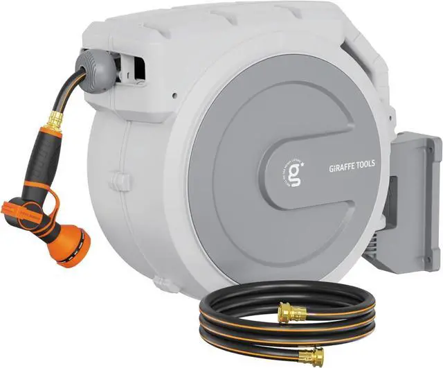 Main image of Heavy Duty Retractable Garden Hose Reel 1/2 130 FT, Wall Mounted with 9 Pattern Nozzle & Detachable Leader Hose, 180° Swivel Bracket, Any Length Lock, Commercial Grade (Light Grey) Light Grey -