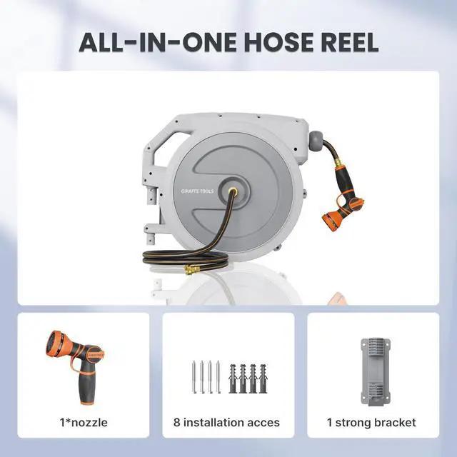 Alt view image 2 of 7 - Heavy Duty Retractable Garden Hose Reel 1/2 130 FT, Wall Mounted with 9 Pattern Nozzle & Detachable Leader Hose, 180° Swivel Bracket, Any Length Lock, Commercial Grade (Light Grey) Light Grey -