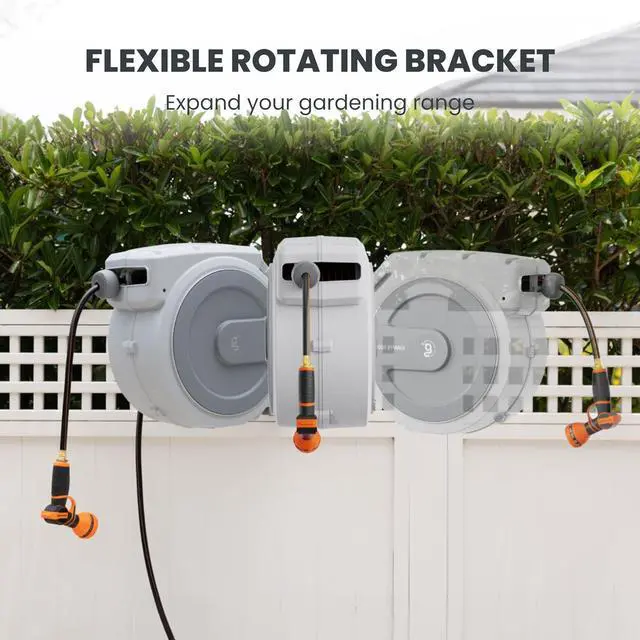 Alt view image 3 of 7 - Heavy Duty Retractable Garden Hose Reel 1/2 130 FT, Wall Mounted with 9 Pattern Nozzle & Detachable Leader Hose, 180° Swivel Bracket, Any Length Lock, Commercial Grade (Light Grey) Light Grey -