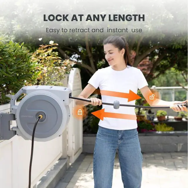 Alt view image 4 of 7 - Heavy Duty Retractable Garden Hose Reel 1/2 130 FT, Wall Mounted with 9 Pattern Nozzle & Detachable Leader Hose, 180° Swivel Bracket, Any Length Lock, Commercial Grade (Light Grey) Light Grey -
