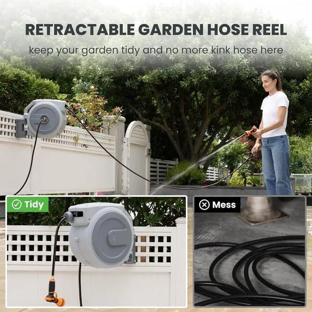 Alt view image 6 of 7 - Heavy Duty Retractable Garden Hose Reel 1/2 130 FT, Wall Mounted with 9 Pattern Nozzle & Detachable Leader Hose, 180° Swivel Bracket, Any Length Lock, Commercial Grade (Light Grey) Light Grey -