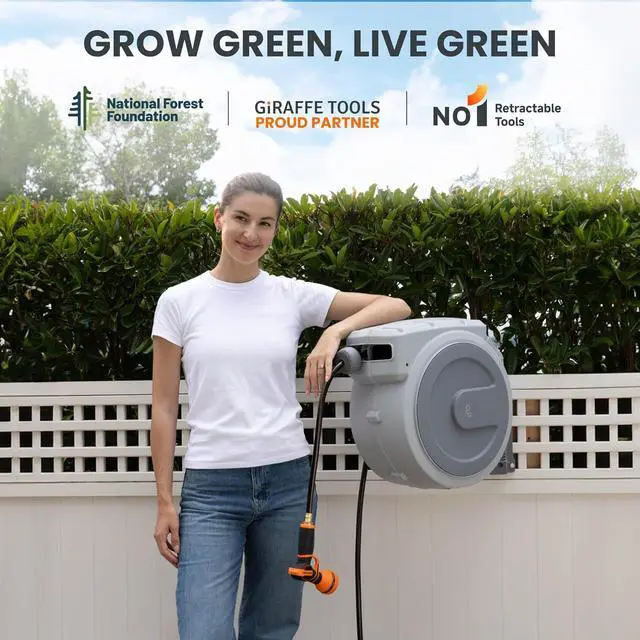 Alt view image 7 of 7 - Heavy Duty Retractable Garden Hose Reel 1/2 130 FT, Wall Mounted with 9 Pattern Nozzle & Detachable Leader Hose, 180° Swivel Bracket, Any Length Lock, Commercial Grade (Light Grey) Light Grey -