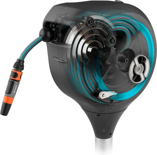 Alt view image 2 of 7 - 18614-80 | 66' x 1/2" Automatic Retractable Garden Hose Reel on Metal Spike, Outside with 360° swivel Rotation to Reach All Areas of Your Yard. Relocate Easily Turquoise  66 ft