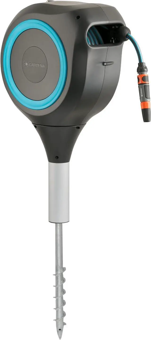 Alt view image 6 of 7 - 18614-80 | 66' x 1/2" Automatic Retractable Garden Hose Reel on Metal Spike, Outside with 360° swivel Rotation to Reach All Areas of Your Yard. Relocate Easily Turquoise  66 ft