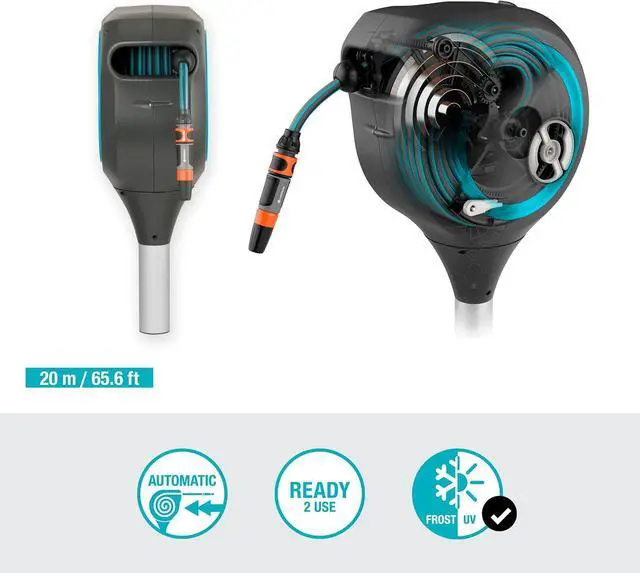 Alt view image 3 of 7 - 18614-80 | 66' x 1/2" Automatic Retractable Garden Hose Reel on Metal Spike, Outside with 360° swivel Rotation to Reach All Areas of Your Yard. Relocate Easily Turquoise  66 ft