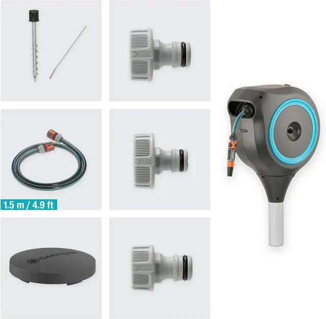 Alt view image 5 of 7 - 18614-80 | 66' x 1/2" Automatic Retractable Garden Hose Reel on Metal Spike, Outside with 360° swivel Rotation to Reach All Areas of Your Yard. Relocate Easily Turquoise  66 ft