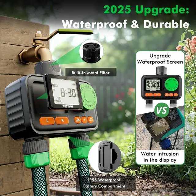 Alt view image 2 of 7 - [2 Pack]  2 Zone Sprinkler Timer, Programmable Water Timer for Garden Hose, Automatic Digital Control | Manual ON/Off Rain Delay Outdoor Faucet, Drip Irrigation and Lawn Watering System Green -