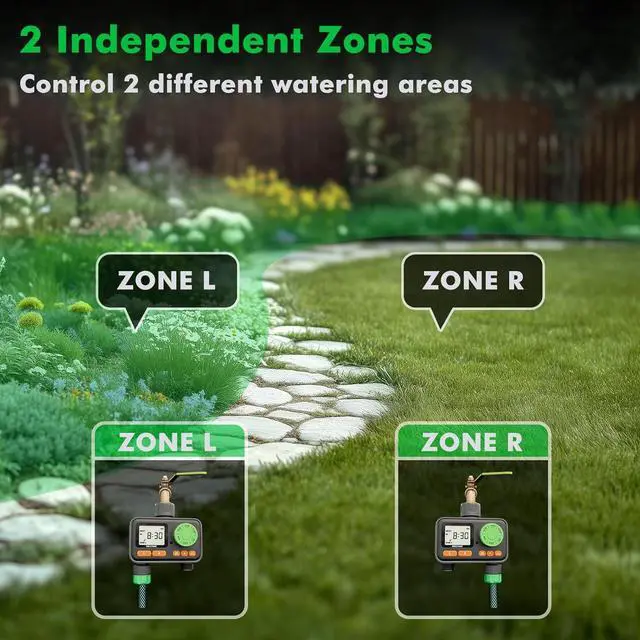 Alt view image 4 of 7 - [2 Pack]  2 Zone Sprinkler Timer, Programmable Water Timer for Garden Hose, Automatic Digital Control | Manual ON/Off Rain Delay Outdoor Faucet, Drip Irrigation and Lawn Watering System Green -