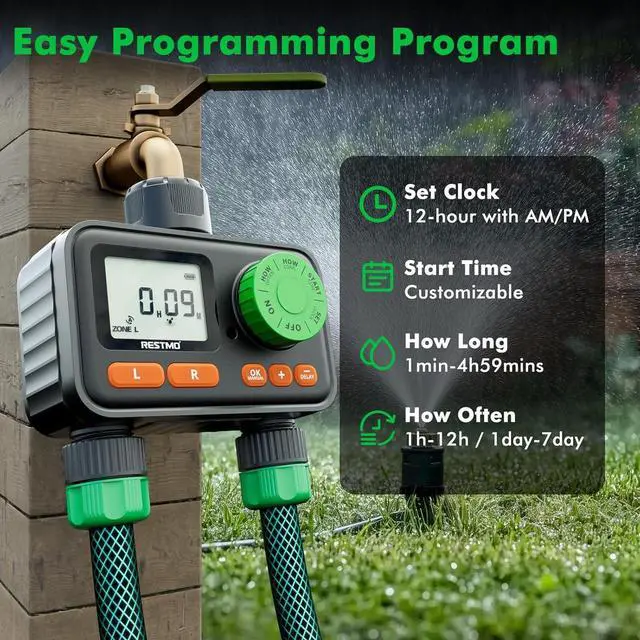 Alt view image 5 of 7 - [2 Pack]  2 Zone Sprinkler Timer, Programmable Water Timer for Garden Hose, Automatic Digital Control | Manual ON/Off Rain Delay Outdoor Faucet, Drip Irrigation and Lawn Watering System Green -