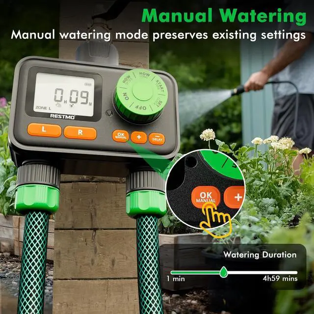 Alt view image 6 of 7 - [2 Pack]  2 Zone Sprinkler Timer, Programmable Water Timer for Garden Hose, Automatic Digital Control | Manual ON/Off Rain Delay Outdoor Faucet, Drip Irrigation and Lawn Watering System Green -