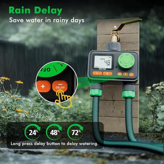 Alt view image 7 of 7 - [2 Pack]  2 Zone Sprinkler Timer, Programmable Water Timer for Garden Hose, Automatic Digital Control | Manual ON/Off Rain Delay Outdoor Faucet, Drip Irrigation and Lawn Watering System Green -