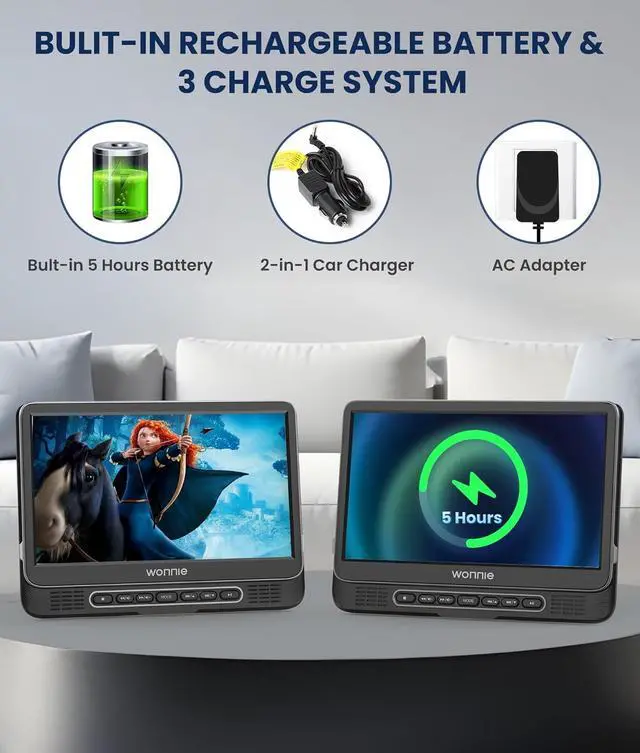Alt view image 5 of 7 - 12" Dual Car DVD Players Portable DVD Players for Car Headrest Play a Same or Two Different Movies with 5-Hour Rechargeable Battery, Mounting Brackets, All Region, Support USB/Sync TV