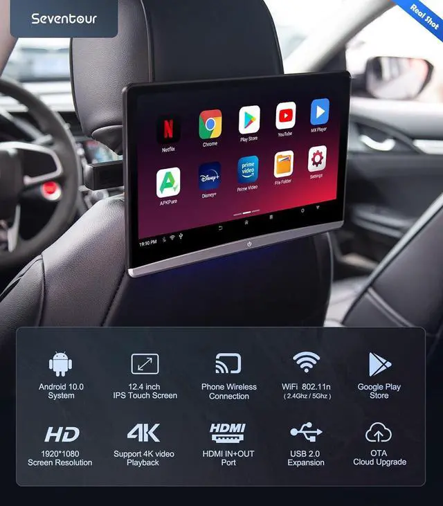 Alt view image 2 of 6 - 12.4" Android 4K Portable TV for Cars,Car Headrest Monitor Tablet for Back seat, Support Phone Wireless Mirror Link Touchscreen Monitors,with WiFi/Bluetooth/HDMI/USB/Airplay Video Player