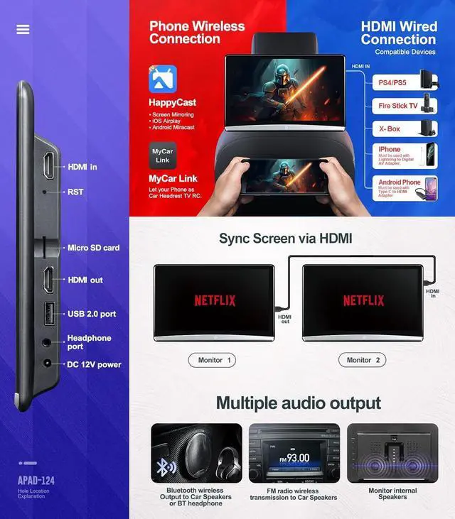 Alt view image 5 of 6 - 12.4" Android 4K Portable TV for Cars,Car Headrest Monitor Tablet for Back seat, Support Phone Wireless Mirror Link Touchscreen Monitors,with WiFi/Bluetooth/HDMI/USB/Airplay Video Player