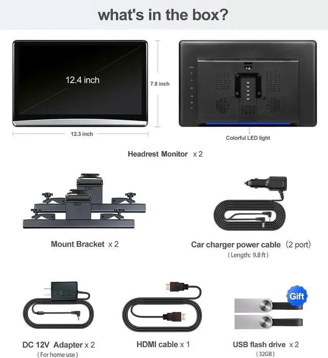 Alt view image 6 of 6 - 12.4" Android 4K Portable TV for Cars,Car Headrest Monitor Tablet for Back seat, Support Phone Wireless Mirror Link Touchscreen Monitors,with WiFi/Bluetooth/HDMI/USB/Airplay Video Player