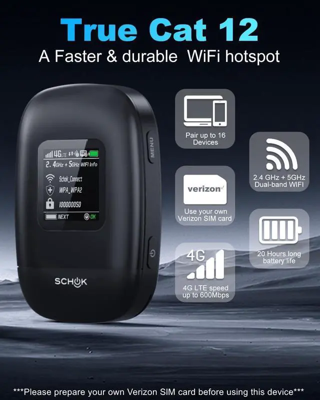 Alt view image 2 of 7 - 4G LTE Mobile Hotspot - Cat 12 Portable WiFi for Travel, Dual Bands (2.4GHz/5GHz), 600Mbps Download High Speed, Supports 16 Connected Devices, Compatible with Verizon & its MVNOs ONLY