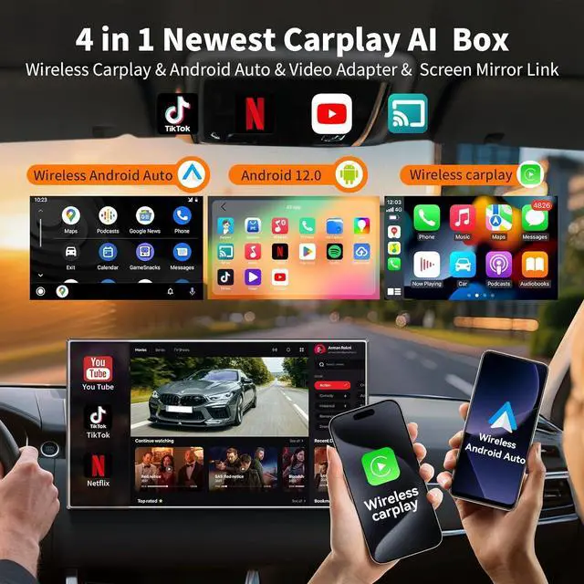 Alt view image 2 of 7 - 4-in-1 Wireless CarPlay & Android Auto Adapter, Compatible with N-etflix/YouTube/TIK Tok/Screen Mirror Link/TF Card,Carplay Ai Box,Plug & Play, Suitable for Cars Equipped with OEM Wired CarPlay