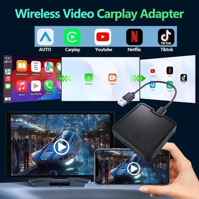 Alt view image 3 of 7 - Wireless Carplay Adapter with Netflix YouTube TF Card Plug & Play, Wireless AI Box Car Play Adapter & Android Auto Dongle Easy to Setup, Fits for OEM Wired CarPlay Cars