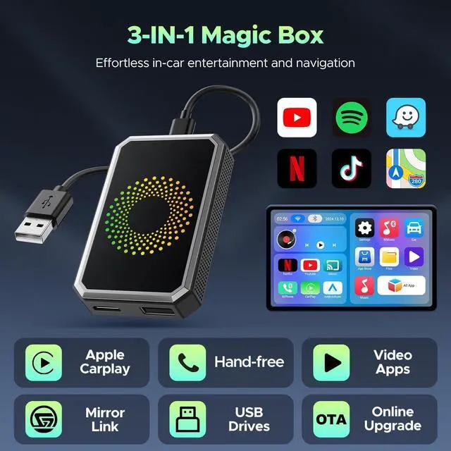 Alt view image 2 of 7 - 3-in-1 Magic Video AI Box for Streaming Netflix/YouTube/TikTok, Wireless Carplay Adapter Dongle with USB Drive for OEM Wired Apple Car Play Cars