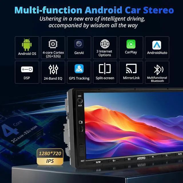 Alt view image 2 of 7 - A5L Android Double DIN Car Stereo with OBD II Scanner, 7 inch Wireless Carplay & Android Auto Touchscreen Radio 2G+32G, 24-B EQ DSP, WiFi/BT/USB Tethering, GPS Tracker, FM/AM