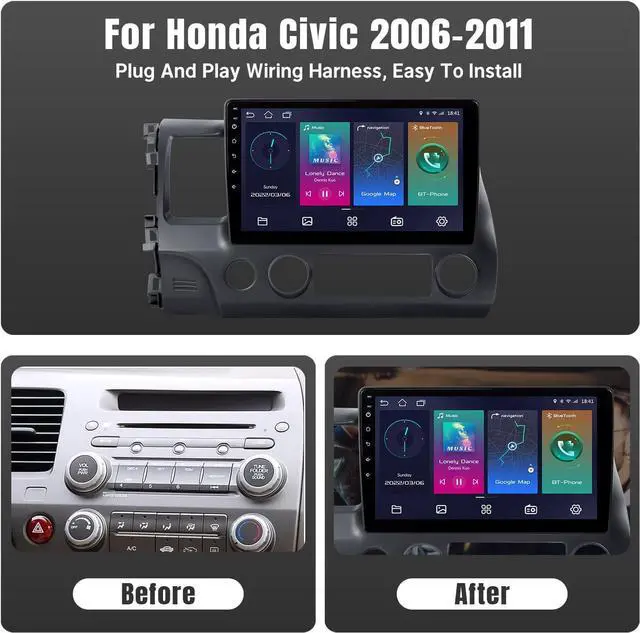 Alt view image 2 of 7 - Car Stereo Radio Support Wireless CarPlay & Android Auto for Honda Civic 2006 2007 2008 2009 2010 2011, 10.1 Inch Touch Screen Bluetooth Car Stereo with GPS Navigation WiFi Backup Camera