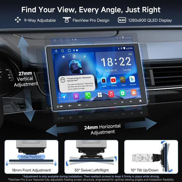 Alt view image 2 of 7 - A5L 10inch Android Double DIN &Single DIN Adaptive Car Stereo, Floating QLED Screen Radio with Wireless Carplay & Android Auto, WiFi/BT/USB Tethering, Backup Camera, HD LRV, 2G+32G, DSP/FM