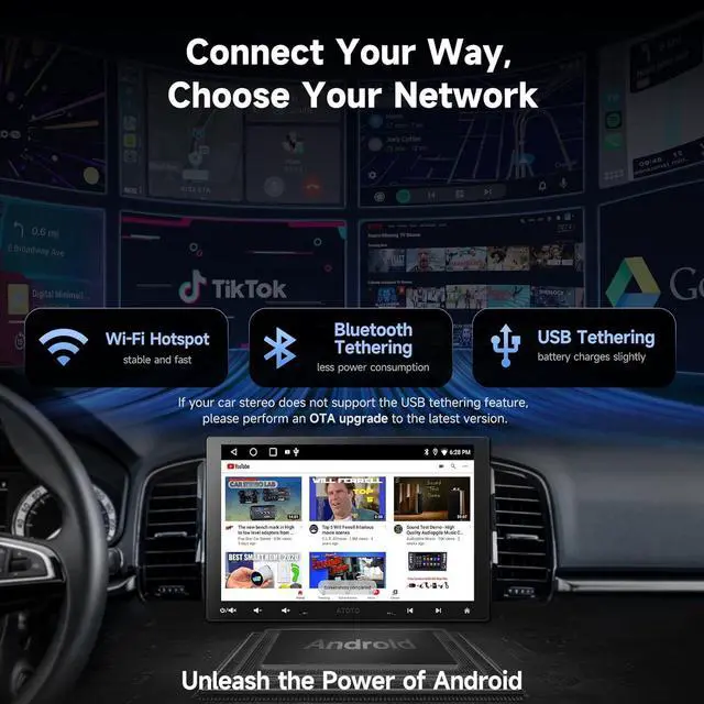 Alt view image 3 of 7 - A5L 10inch Android Double DIN &Single DIN Adaptive Car Stereo, Floating QLED Screen Radio with Wireless Carplay & Android Auto, WiFi/BT/USB Tethering, Backup Camera, HD LRV, 2G+32G, DSP/FM