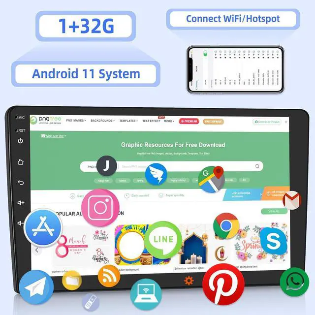 Alt view image 2 of 7 - 10.1 inch Android Double Din Car Stereo, [1G+32G] Touch Screen Android Radio with Wireless&Wired Mirror Link/1080P/EQ/WiFi/SWC/Bluetooth +Backup Camera+MIC