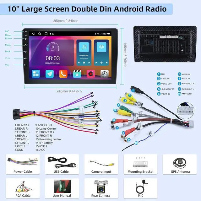 Alt view image 6 of 7 - 10.1 inch Android Double Din Car Stereo, [1G+32G] Touch Screen Android Radio with Wireless&Wired Mirror Link/1080P/EQ/WiFi/SWC/Bluetooth +Backup Camera+MIC