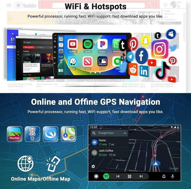 Alt view image 4 of 7 - Double Din Android Car Stereo with Wireless Carplay Android Auto, 2+64GB 9 Inch Touchscreen Car Radio Support Bluetooth/GPS Navigation/HiFi/WiFi/FM + Backup Camera