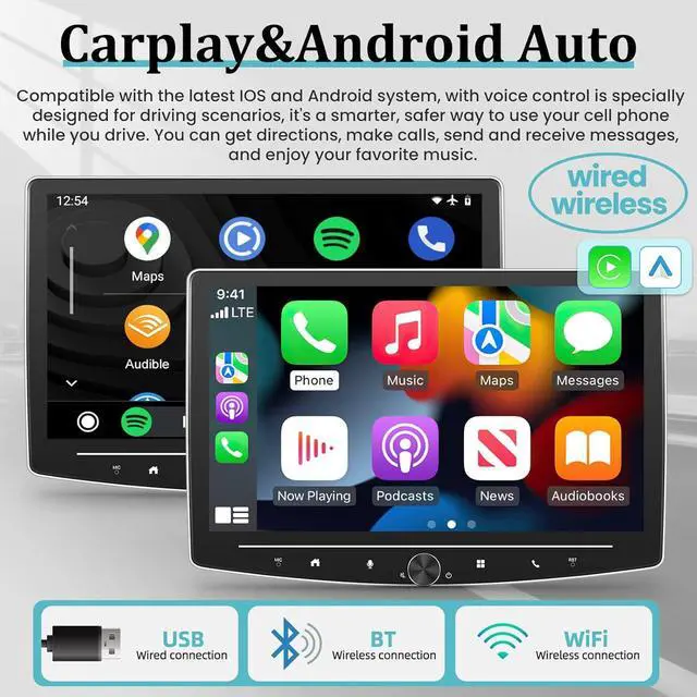 Alt view image 2 of 7 - [2+64G] Single Din Touchscreen Car Stereo with Wireless Apple Carplay and Android Auto - 10 inch Android Touch Screen Radio GPS WiFi HiFi Audio + AHD Backup Camera and Mic