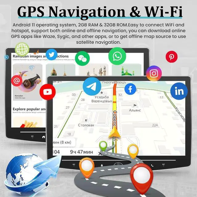 Alt view image 3 of 7 - [2+64G] Single Din Touchscreen Car Stereo with Wireless Apple Carplay and Android Auto - 10 inch Android Touch Screen Radio GPS WiFi HiFi Audio + AHD Backup Camera and Mic