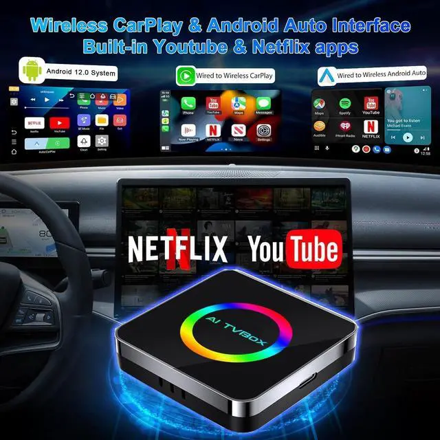 Alt view image 2 of 7 - Wireless Carplay Adapter 2025 Netflix Ai Box for iPhone & Android Auto with Netflix YouTube Supports TF Card Dongle Plug and Play Easy Setup Carplay Video Box for iOS 10+ After 2015 Car