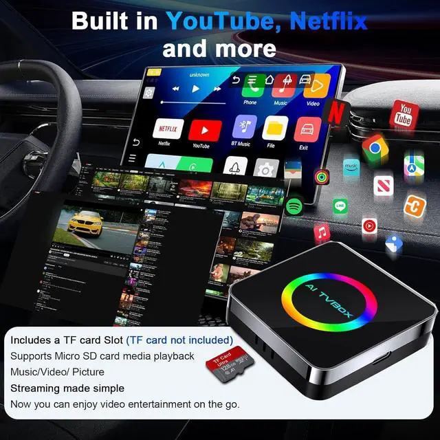 Alt view image 4 of 7 - Wireless Carplay Adapter 2025 Netflix Ai Box for iPhone & Android Auto with Netflix YouTube Supports TF Card Dongle Plug and Play Easy Setup Carplay Video Box for iOS 10+ After 2015 Car