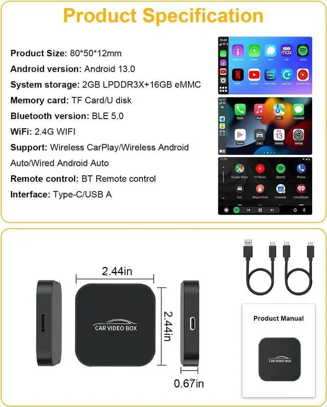 Alt view image 7 of 7 - 2025 Upgraded Wireless CarPlay Adapter Support Netflix/YouTube/TF Card, 5-in-1 Android Auto Wireless Adapter and Apple CarPlay Wireless, Magic Ai Box for Cars from 2016 & iPhone iOS10+
