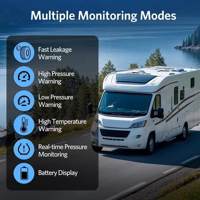 Alt view image 3 of 7 - TM2 RV Tire Pressure Monitoring System, Tire Pressure Monitor with Solar Charge, TPMS with 4 Sensors(Max. 10) & 6 Alarm Modes, New Updated w/Color LCD Display, 0-87PSI for RV/Trailer/Truck/SUV