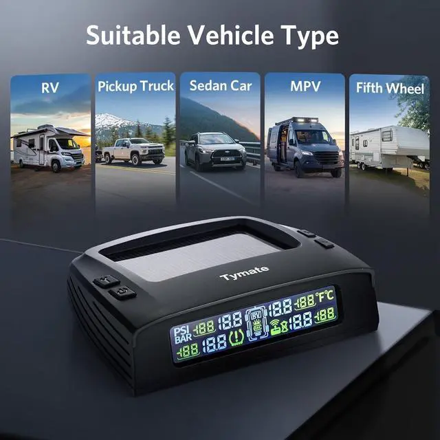 Alt view image 5 of 7 - TM2 RV Tire Pressure Monitoring System, Tire Pressure Monitor with Solar Charge, TPMS with 4 Sensors(Max. 10) & 6 Alarm Modes, New Updated w/Color LCD Display, 0-87PSI for RV/Trailer/Truck/SUV