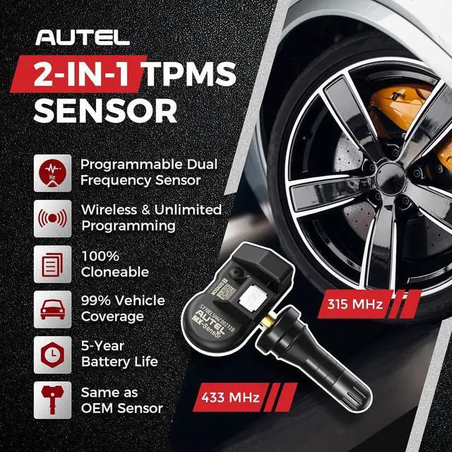 Alt view image 2 of 7 - TPMS Sensors Set of 4, MX Sensor 2 in 1 for Tire Pressure, 315MHz + 433MHz Press-in OE-Level (Rubber Stem) TPMS Sensor Programmed by TS408S TS508 TS508WF MP900TS MS906 PRO-TS Scanner