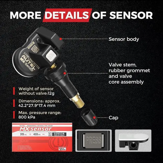 Alt view image 7 of 7 - TPMS Sensors Set of 4, MX Sensor 2 in 1 for Tire Pressure, 315MHz + 433MHz Press-in OE-Level (Rubber Stem) TPMS Sensor Programmed by TS408S TS508 TS508WF MP900TS MS906 PRO-TS Scanner