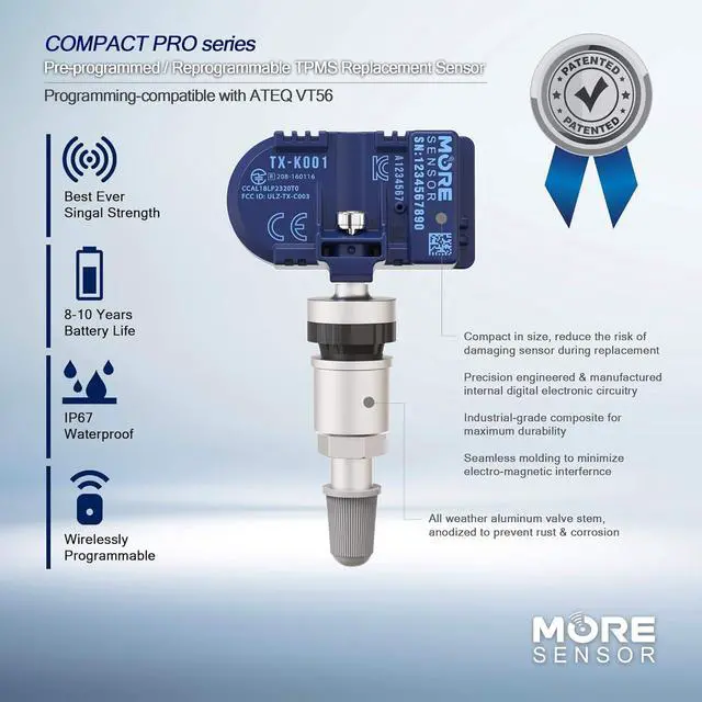Alt view image 3 of 7 - MORESENSOR Compact PRO Series 315MHz TPMS Tire Pressure Sensor 4-Pack | Preprogrammed for Select 30+ Japanese Brand Models | Replacement for 06421-S3V-A04 | Clamp-in | KX-S015-4