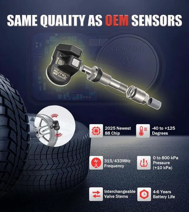 Alt view image 2 of 7 - TPMS Sensors Set of 4 Metal Stem MX Sensor 315MHz 433MHz Universal Tire Sensors Work with TPMS Programming Tool TS408S TS501 Pro TS508WF TS601 TS900 MK808TS MK900TS MS906PRO-TS ITS600 ITS600PRO