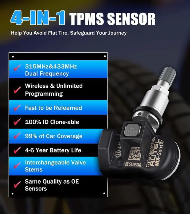 Alt view image 3 of 7 - TPMS Sensors Set of 4 Metal Stem MX Sensor 315MHz 433MHz Universal Tire Sensors Work with TPMS Programming Tool TS408S TS501 Pro TS508WF TS601 TS900 MK808TS MK900TS MS906PRO-TS ITS600 ITS600PRO