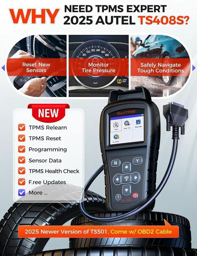 Alt view image 2 of 7 - MaxiTPMS TS408S, 2025 TPMS Relearn Tool Work as TS501 PRO TS508WIF MK808S-TS MP900TS, OBD II Programming for  MX-Sensor, OEM Sensor(315 433Mhz) Relearn, Activation, Reset, Read Clear DTCs