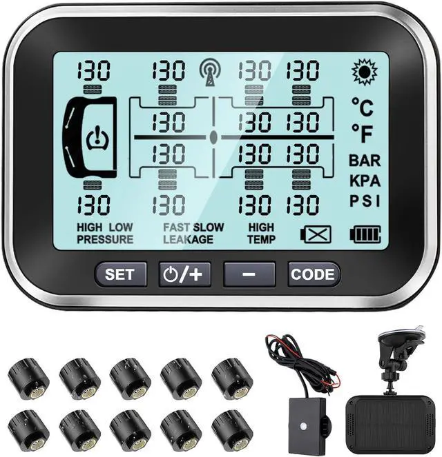 Main image of Trailer Tire Pressure Monitoring System 10 Sensors,0-199PSI RV TPMS with 4.5" Large Solar Monitor 6 Alerts, Signal Booster for Truck/Camper/Motor Homes,Long Sensing Distance