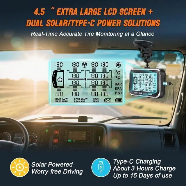 Alt view image 2 of 7 - Trailer Tire Pressure Monitoring System 10 Sensors,0-199PSI RV TPMS with 4.5" Large Solar Monitor 6 Alerts, Signal Booster for Truck/Camper/Motor Homes,Long Sensing Distance