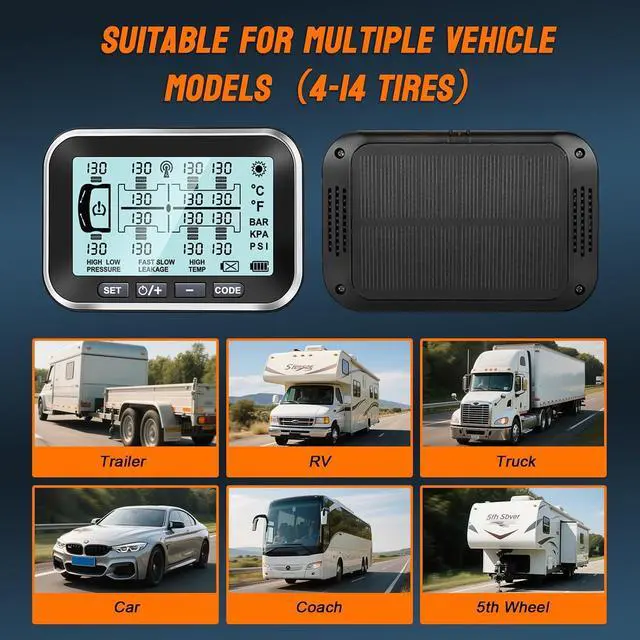Alt view image 5 of 7 - Trailer Tire Pressure Monitoring System 10 Sensors,0-199PSI RV TPMS with 4.5" Large Solar Monitor 6 Alerts, Signal Booster for Truck/Camper/Motor Homes,Long Sensing Distance