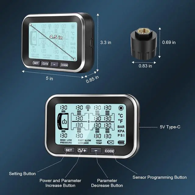 Alt view image 7 of 7 - Trailer Tire Pressure Monitoring System 10 Sensors,0-199PSI RV TPMS with 4.5" Large Solar Monitor 6 Alerts, Signal Booster for Truck/Camper/Motor Homes,Long Sensing Distance